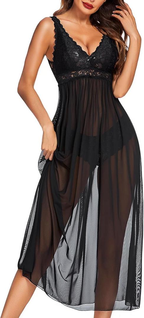 Avidlove Women Lingerie Lace Babydoll Nightdress Mesh Chemise V Neck Sleepwear (XX-Large, 1-black)