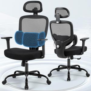 Ergonomic Office Desk Chair, High Back Breathable Mesh Computer Chair, 3D Lumbar Support, 2D Headrest & 3D Armrests, 300lbs Heavy Duty Task Chair for Home Office Work Gaming, Black