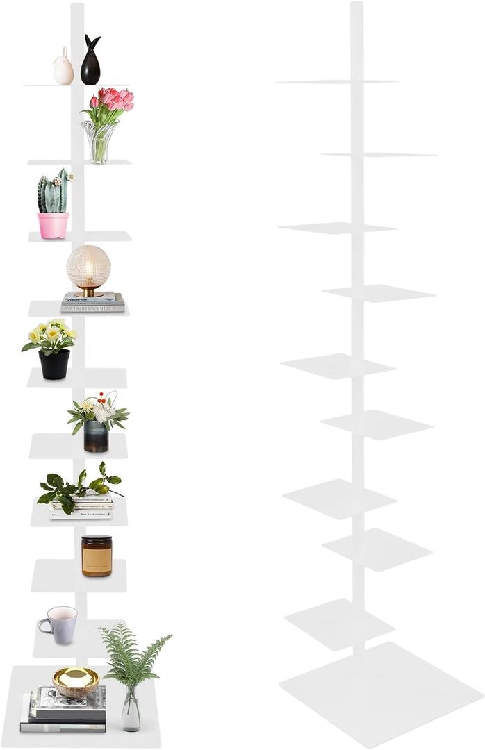 9 Tier Metal Spine Bookshelf Tower, Adjustable Vertical Tower for Books, Tall & Narrow Ladder Bookcase, Metal Vertical Bookshelf for Study Room,Living Room,Office,Bedroom (White), 39*175cm/15.4*68.9in