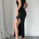 Verdusa Women's Y2k Maxi Dress High Slit Side Drawstring Knit Bodycon Dresses Black Small (Black)