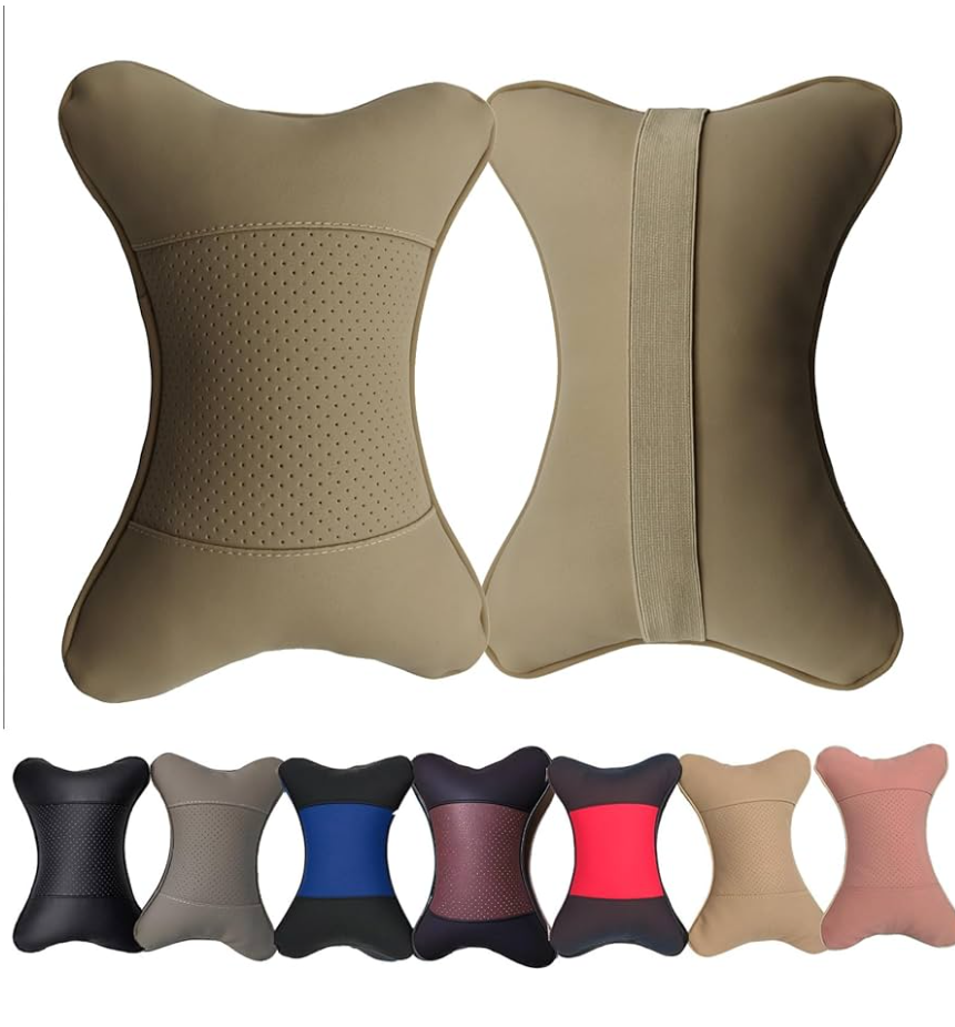 Car Neck Pillows Both Side Pu Leather 2pieces Pack Headrest Fit for Most Cars Filled Fiber Universal Car Pillow (Beige)