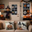 Halloween Throw Pillow Covers Set of 2  18x18 Inch Happying Haunting Quote Crow and Pumpkin Design, Double-Sided Print Decorative Cushion Covers for Couch Sofa Bed, Rustic Gothic Fall Decor