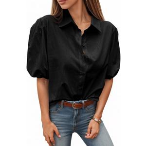 Tankaneo Women's Button Down Shirts Short Puff Sleeve Collared Dressy Casual Blouse Tops, Medium, Black