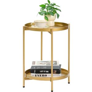 2-Tier Round End Side Table, Small Metal Side Table with Removable Tray, Folding Accent Tables for Living Room, Balcony, Nightstand for Bedroom, Outdoor Tables for Patio, Gold, 15.75 inches x 15.75 inches x 20.47 inches