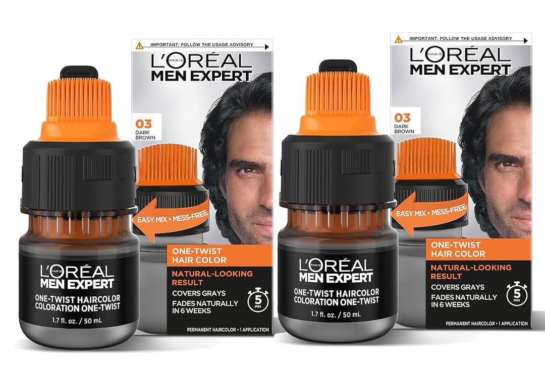 LOreal Paris Men Expert One Twist Mess Free Permanent Hair Color, Mens Hair Dye to Cover Grays, Easy Mix Ammonia Free Application, Dark Brown 03, 2 Application Kit (1.7 Fl Oz (Pack of 2))