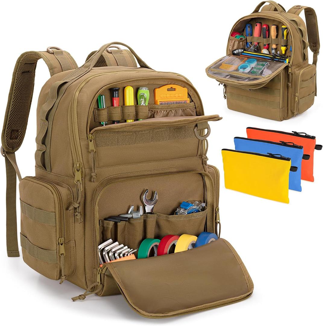 Tool Bag Backpack for Men with 3 Tool Pouches, Heavy-Duty Tool Storage Organizer Bag with Padded Shoulder & Waist Support, Tactical Work Tool Bag for Electrician, Repairman, HVAC Techs, Khaki