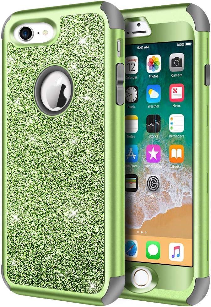 Hython Designed for iPhone 8, iPhone 7 Case, Heavy Duty Full-Body Defender Protective Case Bling Glitter Sparkle Hard Shell Hybrid Shockproof Rubber Bumper Cover, Green