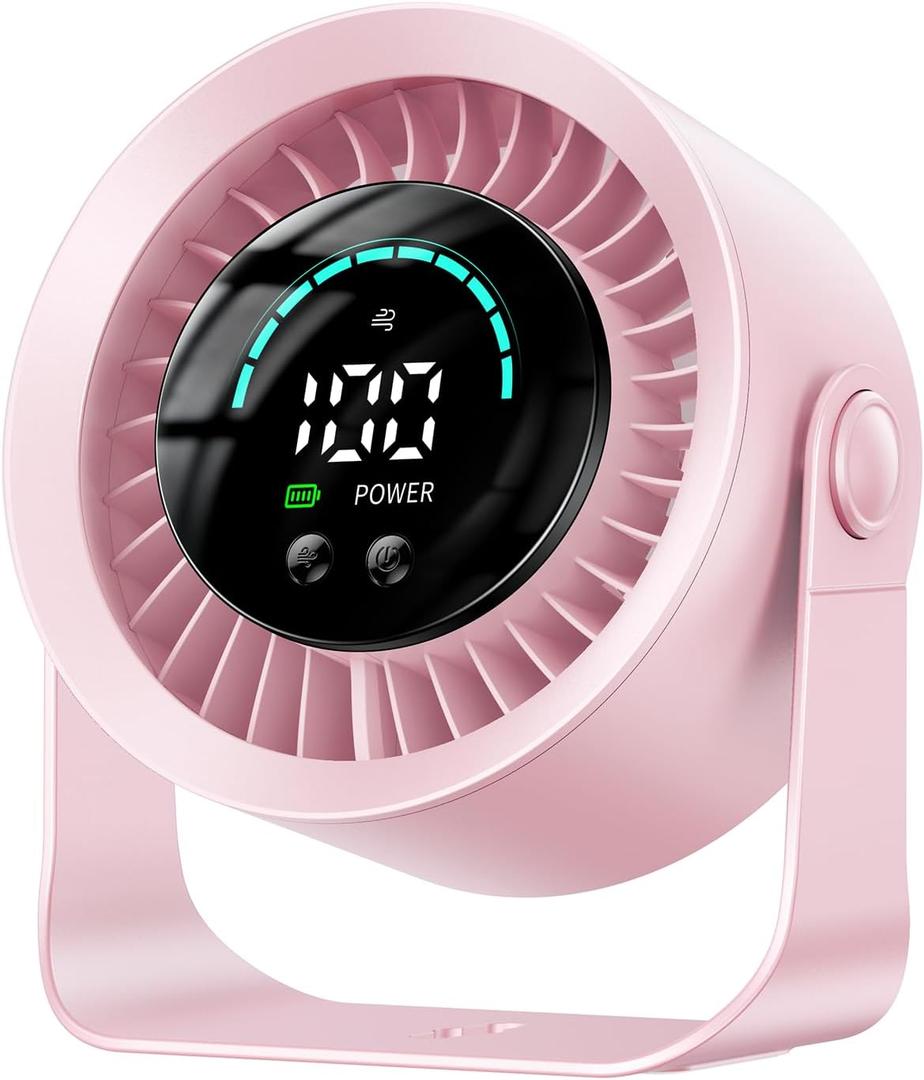 DIGIX Rechargeable USB Desk Fan for Bedroom, 100 Speeds, 360 Rotation, Wall Mounted Design Small Portable Table Fan with LED Display, Quiet Personal Desktop Cooling Fans for Home Office (Pink)