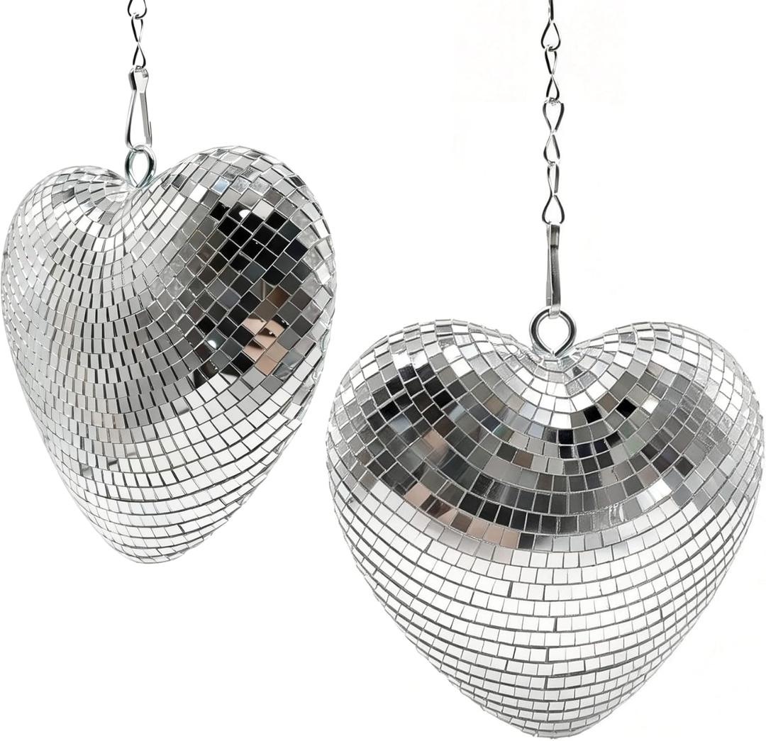 Heart Shaped Disco Ball Decor - 2 Pack 6 Inch Hanging Mirror Ball for Room Decor, Retro 70s Disco Party Decorations for Bachelorette, Wedding, Valentines Day, Birthday, Silver