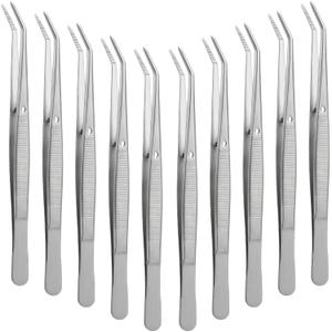 Honoson 10 Pcs Stainless Steel Tweezers for Crafting with Curved Serrated Tip Multipurpose Forceps Sewing Machine Tweezers Bulk (Silver)