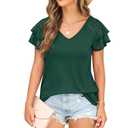 FREEOAK Summer Tops Double Lace Sleeve Shirts for Women V Neck Loose Casual Tee Tunics Dark Green M (M)