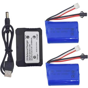sea jump 2PCS 7.4V 1100mah Lithium Battery with 2 in 1 Charger for H102 Electric Remote Control Boat Lithium Battery 2.4G High-Speed Boat Spare Parts