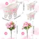 3 Pack Rattan Baby Carriage Floral Arrangement with Bouquet Pink Baby Shower Table Centerpiece Stroller for Guests Gender Reveal Wedding Party Favor Gift and Souvenir