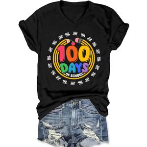 100 Days of School Shirt Teacher Happy 100th Day of School Graphic T-Shirt Casual V Neck Short Sleeve Tee Tops (Black, S)