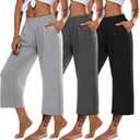 3 Pack Women's Capris Pants Wide Leg Sweatpants Loose Yoga Crop Pants Elastic Casual Soft Capri with Pockets (Large, Black, Dark Gray, Light Gray)