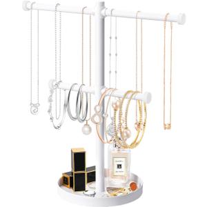bodkar Necklace Holder Organizer Stand,2-Tier Sturdy Metal Jewelry Stand with Round Tray for Bracelet Bangles Holder Display,12.9" Tall for Long Necklace (White)