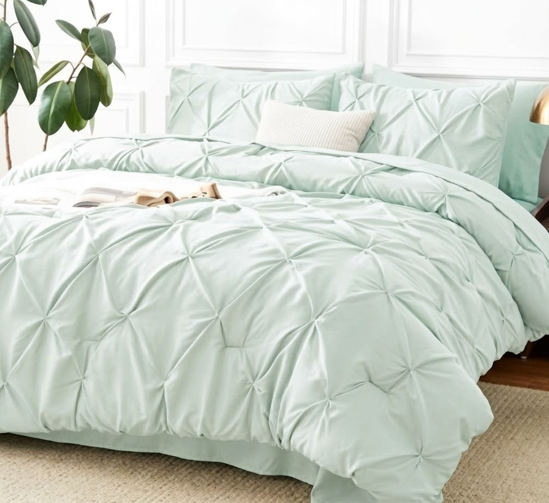 CozyLux Queen Comforter Set Mint Green, 7 Pieces Pintuck Bed in A Bag, Premium Light Green Comforter Queen Size, Pinch Pleat Bedding Sets with Comforter, Flat Sheet, Fitted Sheet, Pillowcases & Shams