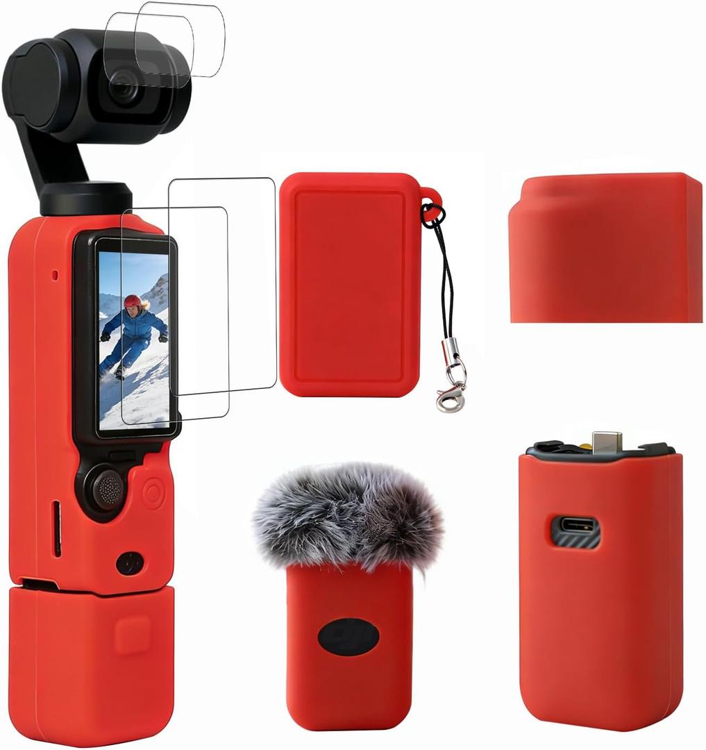Case for DJI Osmo Pocket 3/Xtra Muse Camera, Soft Silicone Protective Case, Anti-Scratch, Slim Fit Skin with mic Cover and Screen Protector Accessories for Osmo Pocket 3/Xtra Muse (Red)