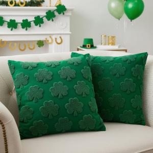 St Patricks Day Embroidery Decorative Throw Pillow Covers 18 x 18 Set of 2, Lucky Shamrock Clover Tufted Porch Outdoor Home Decor, Irish Spring Plush Faux Fur Jacquard Sofa Couch Cushion Case (Green)