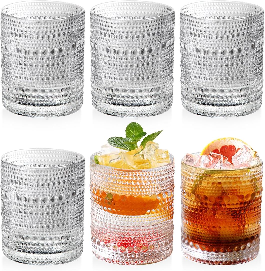 Hobnail Glasses Set of 6 Highball Vintage Drinking Glasses 12OZ Clear Embossed Vintage Glassware Hobnail Glass Cup for Water, Juice, Cocktail, Wine, Beer, Whiskey for Thanksgiving Day, Christmas Gift