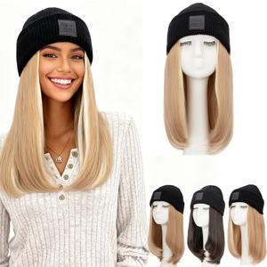 S-noilite Beanie Wig Hat with Hair Attached for Women Knitted Beanie Wig Winter Warm Hat Hair Extentions with 11" Straight Hair Synthetic Hairpiece for Women Girls(18",#18P613 Blonde Highlighted)