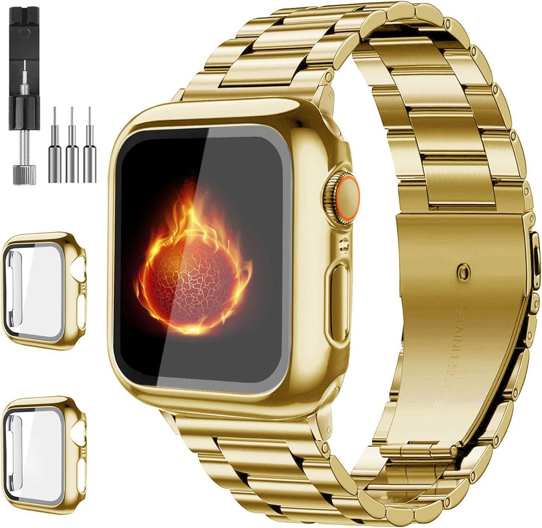 Compatible with Apple Watch Band 49mm 46mm 44mm 45mm 42mm 40mm 38mm 41mm, Stainless Steel iWatch Bands with 2 Pack Tempered Glass Screen Case for Series 10/9 Ultra 2 8/7/6/5/4/3/2/1/SE for Men (Gold)