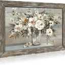 Floral Bouquet Wooden Framed Picture: Vintage Botanical Flowers in Crystal Vase Wall Art Artwork Print Rustic Abstract Nature Plant Painting for Living Room Bedroom Farmhouse (24"L x 16"W)