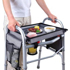 Walker Tray for Folding Walkers with Cup Holder & Side Pocket, Raised Edge & Non-Slip Surface Hard Walker Table for Seniors, Clip-On Tool Free Clip-On Tool Free Walker Accessory for Meals, Reading