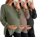 3 Pack Women's Maternity Shirts Long Sleeve Waffle Knit Side Split Oversized Tops Pregnancy Clothes Fall Tees (Army Green, Coffee, Black, Small)