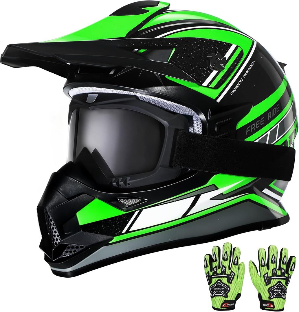 Kids Dirt Bike Helmets Youth Motorcycle Helmet, Kids Motorcycle Full Face Helmet for Off-Road, ATV, UTV, Street Riding with Goggles Gloves, DOT Approved (Small, GREEN)
