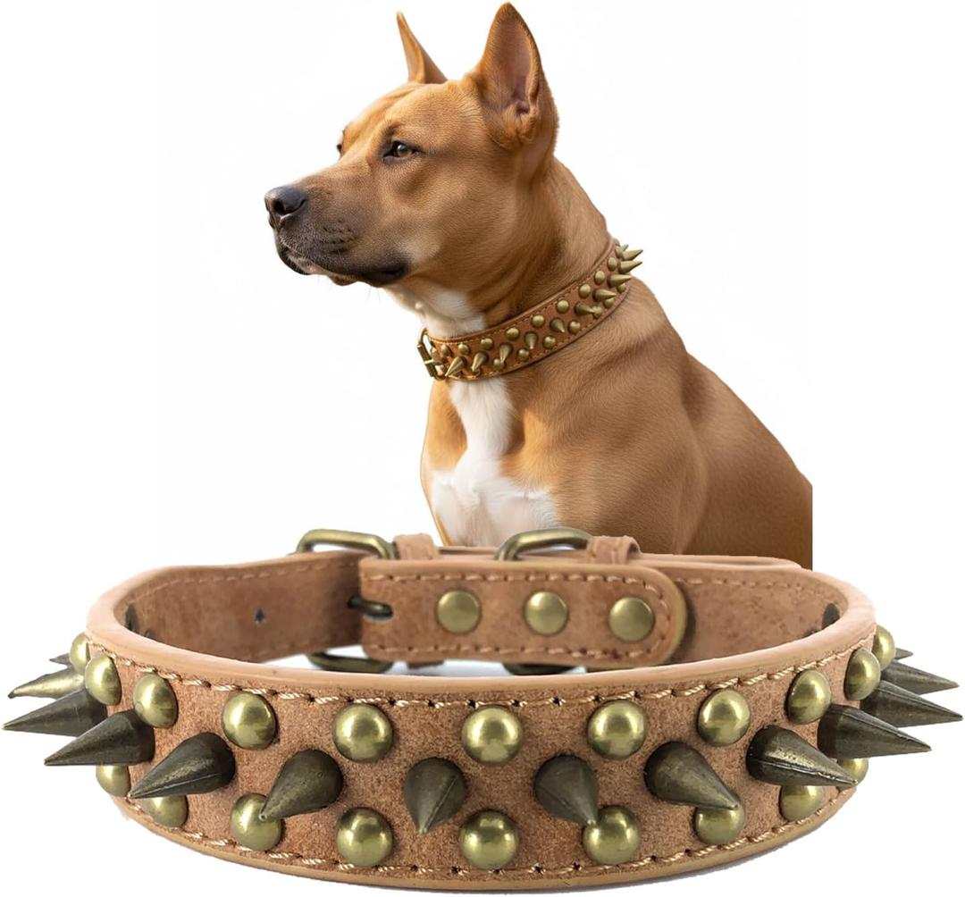 Spiked Studded Dog Collar-Bronze Pointed Stud Anti-Bite Collar (Brown,L) (Large (Pack of 1))