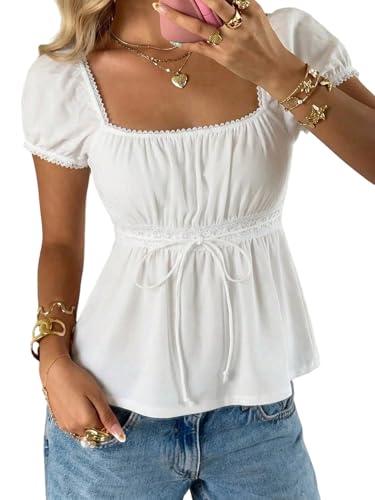 SOLY HUX Women's Square Neck Short Sleeve Peplum Tops Tie Front Summer Teen Girls Babydoll Top T Shirt Solid White X-Small