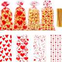 WRSION 120 PCS Valentines Treat Bags, Valentines Gift Bags, Valentine's Day Cellophane Bags, 4 Styles Red Heart Valentines Goodie Bags with 140 PCS Gold Twist Ties for Valentines Party Wedding Favor Supplies - 10.6 x 5.1 Inch