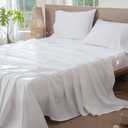 MooMee Flat Top Sheet Only 100% Washed Cotton Linen Like Textured Breathable Durable Soft Comfy (Bright White, Queen)