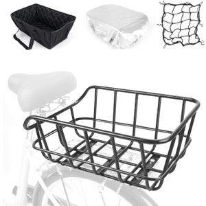 Bike Basket Rear, Large Bicycle Basket with Cargo Net, Liner and Waterproof Cover for Electirc Bike, Ebike and Bikes, Large Capacity Wire Bakset, 12.2"d X 16.9"w X 7.1"h