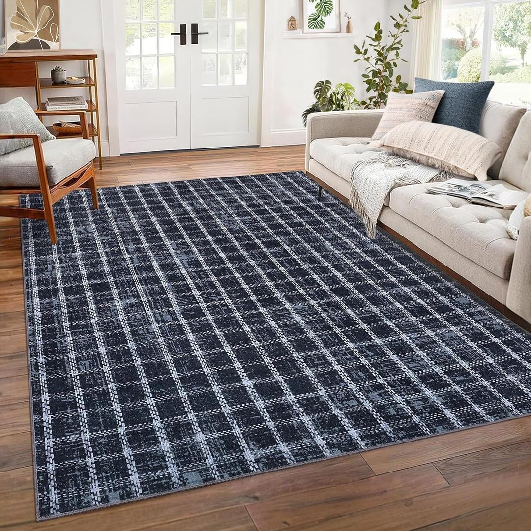 5 x 7 ft. Area Rugs Non-Slip Washable Low-Pile Carpet - Checkered Braided Geometric Print for Living Room Bedroom Nursery Kitchen Dining Indoor Use, Blue