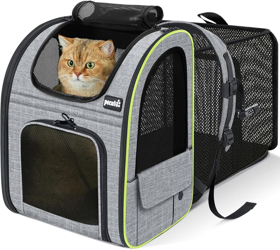 Pecute Cat Backpack Carrier Expandable , Foldable Pet Backpack for Cats & Small Dogs Up to 11lbs, with 4-Side Breathable Mesh, Multi-Entry & Lockable Zippers for Travel, Hiking, Camping - Hands Free, (Grey)