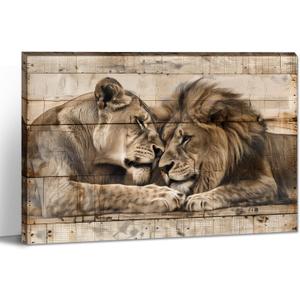 Lion Lioness Canvsa Wall Art Vintage Lion Picture Wall Decor Framed Wood Background Poster Animal Couple Painting Prints Living Room Bedroom Ready to Hang(16.00"x24.00")