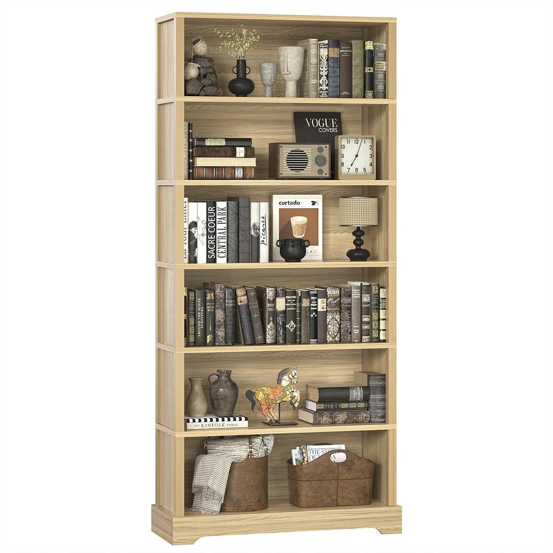 TVU 6 Tiers Wooden Bookshelf, 77.2" Tall Farmhouse Style Open Bookcase, 31.5" Wide Standing Book Shelf with Storage for Study Room, Living Room, Natural Wood Color, 10.6" D x 31.5" W x 77.2" H
