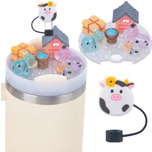 Compatible with Stanley Cup Lid Accessories Charms, Charms for Stanley Cups H2.0 Accessories 30oz 40oz with Silicone Straw Cover Cap for Tumblers (Cow)