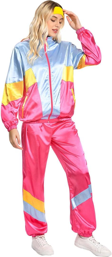 80s Track Suit for Women, 2 Piece Color Block Sweatsuits Neon Outfit Retro Sweatsuits for Themed Party (Small)