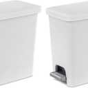 Sterilite 2.7 Gallon Rectangular StepOn Wastebasket, Small, White lid and base with Titanium pedal and Liner