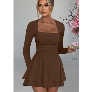 Kaximil Women's Square Neck Ruffle Hem Mini Dress Ruched Waist Long Sleeve Corset Short Party Dresses M