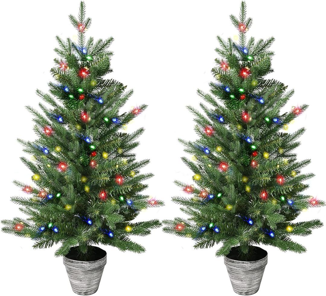 3FT Pre-Lit Christmas Tree, 2-Packs PE Branchs Xmas Tree with Color LED Lights, 8 Modes with 60 Led Lights Artificial Christmas Trees for Holiday Decoration Green