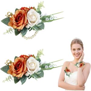 Caramel Corsage and Boutonniere Set for Bride Groom, Artificial Rose Flower Wrist Corsage Bracelets Homecoming Flowers Prom Suit Accessories Boutonniere for Wedding Prom Party Decorations