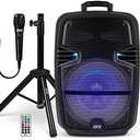 QFX PBX-616SM 15" Bluetooth Rechargeable Speaker with LED Lights, Mic and Stand, Black