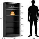 CODACE Tall Wooden 5-Tier Black Bookshelf - Display Cabinet with LED Lights, 5 Tiers - 10.2"D x 27.5"W x 65"H