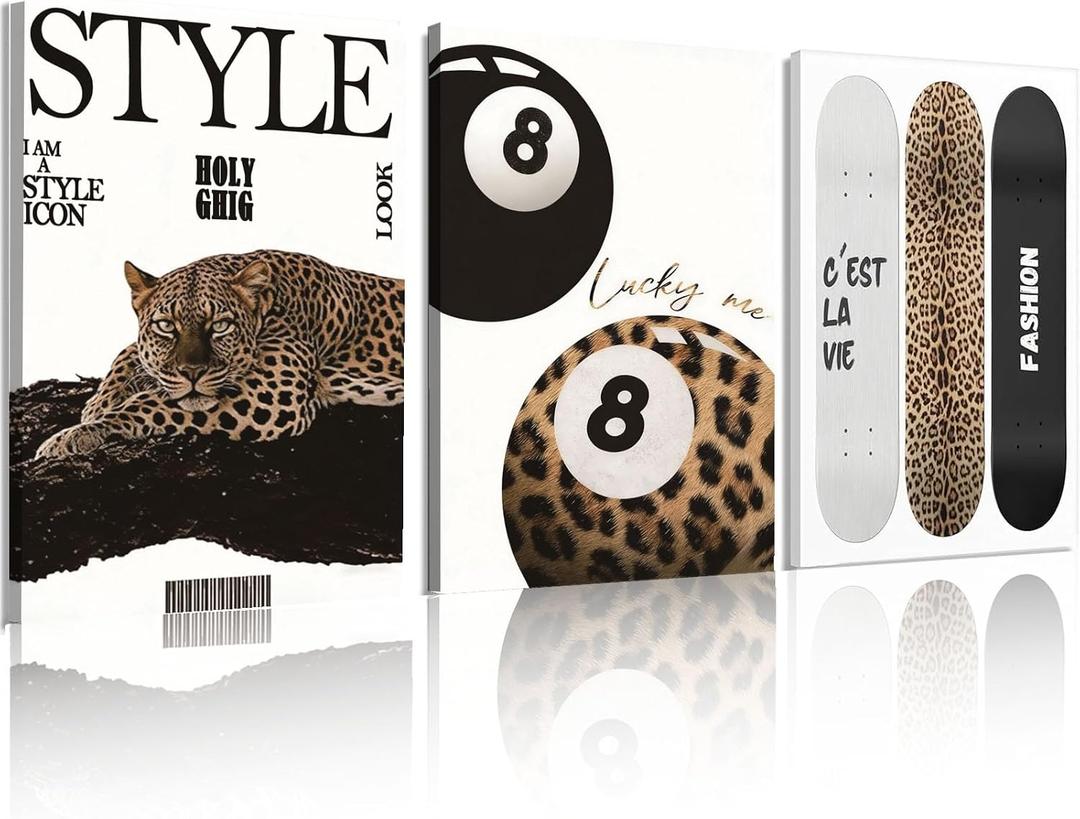 Black and White Leopard Wall Art Fashion Trendy Cheetah Lucky 8 Ball Skateboard Wall Decor Pictures Aesthetic Poster Preppy Aesthetic Painting Picture for Girls Bedroom Living Bathroom Home Decoration 24x16in