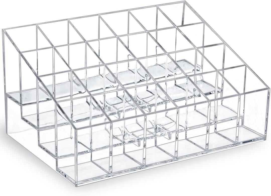 MOSIKER Lipstick Organizer,Small Clear Plastic Compact Lip Gloss Chapstick Perfume Sample Mascara Holder with 24 Slots