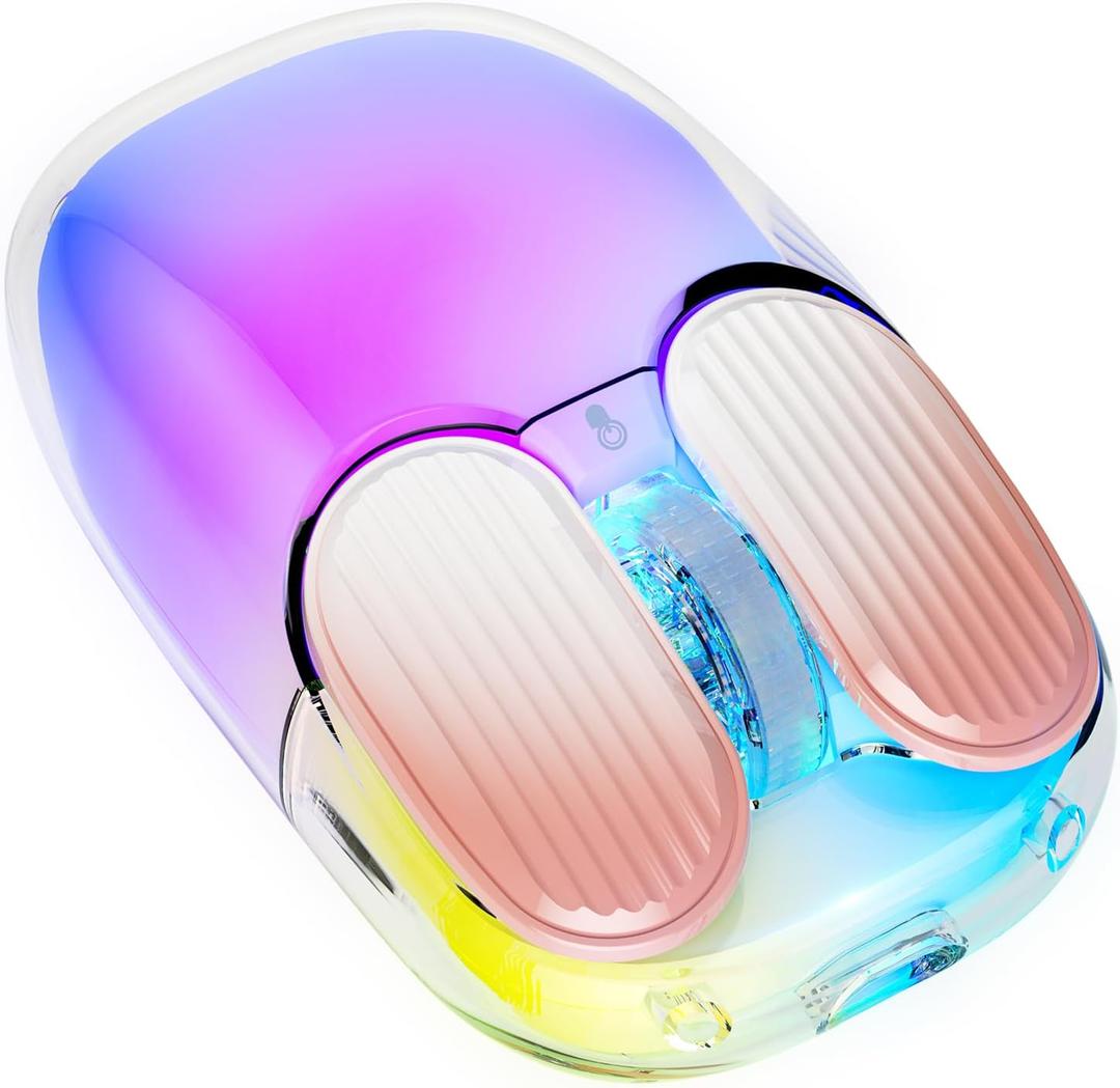 Doohoeek Bluetooth 2.4G Wireless USB Mouse Transparent, Rechargeable Dual Mode Backlit Mouse with Crystal Hard Shell & LED Display & RGB Lighting for Computer, Laptop, MacBook & Tablets, White